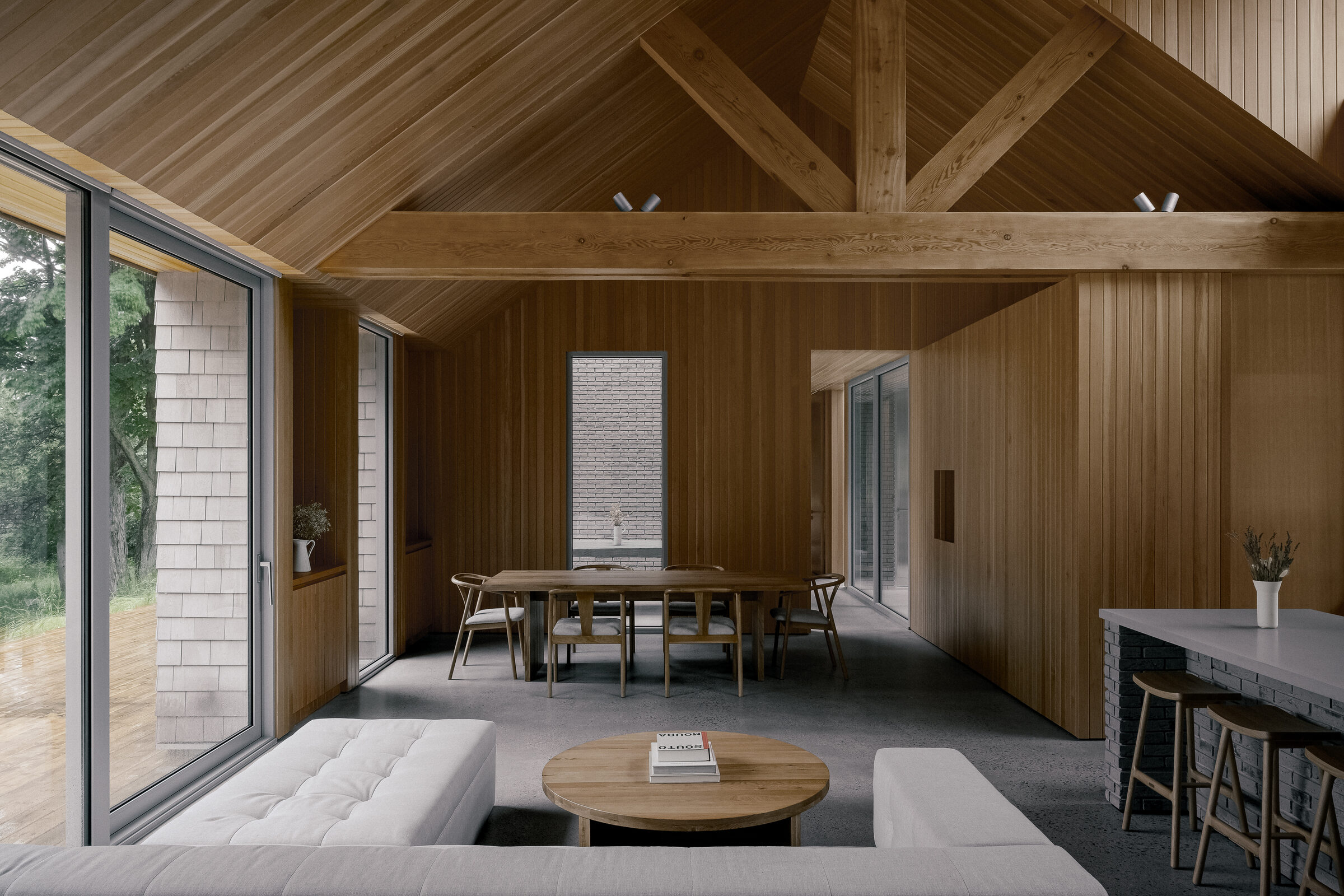 Dining table under vaulted timber ceiling