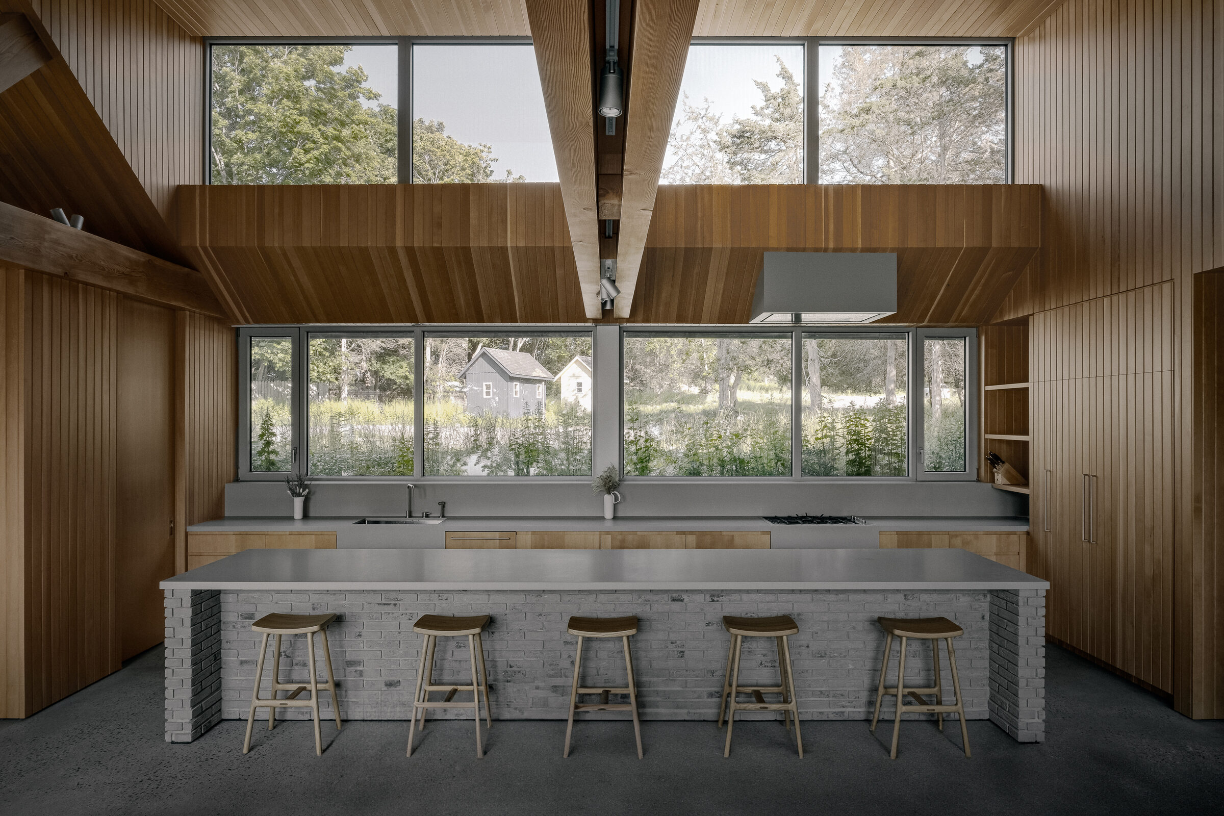 Kitchen island facing the meadow